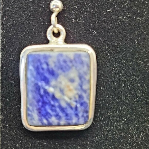 Vintage SI 925 Silver & Sodalite Drop Earrings Rectangular Estate Hook Earwires - Picture 9 of 10